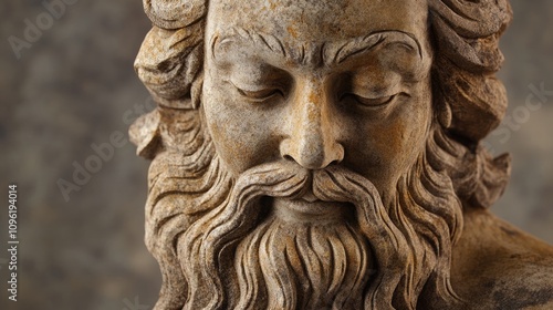 Regal stone sculpture of a wise figure with a detailed beard, showcasing exquisite craftsmanship and a serene expression of strength and wisdom.