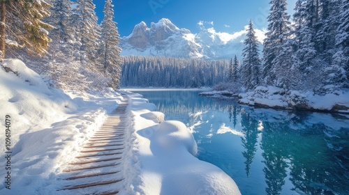 Wooden boardwalk covered with snow leading to frozen lake in the dolomites, italy during sunny winter day photo