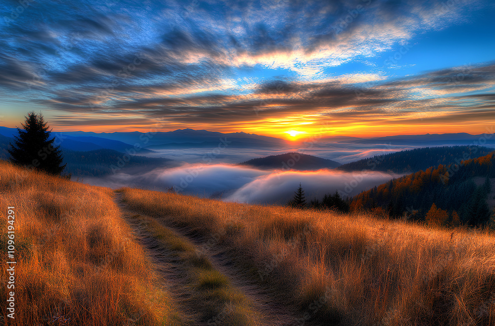 Fototapeta premium A beautiful sunrise over the Carpathian Mountains, with fog in the valley below and golden grass on the mountain top. 