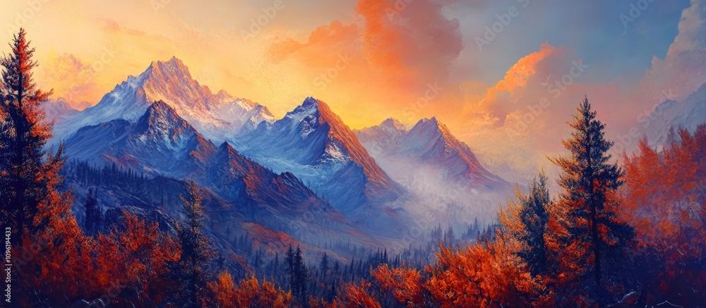 Obraz premium Majestic autumn mountains glowing in vibrant sunset hues with colorful trees and mist creating a serene natural landscape scene