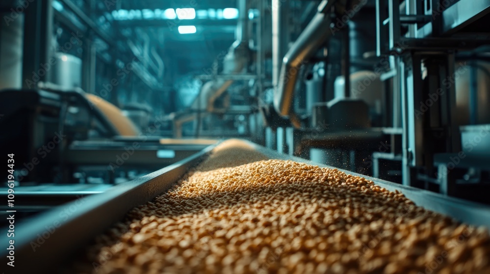 Wheat grains flowing along a conveyor belt in a large-scale food production facility with industrial machinery in the background. Wheat grains flowing along a conveyor belt in a large-scale food production facility with industrial machinery in the background.