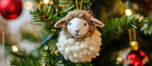 Childmade sheep ornament crafted from paper and wool hanging on a beautifully decorated Christmas tree with festive ornaments photo