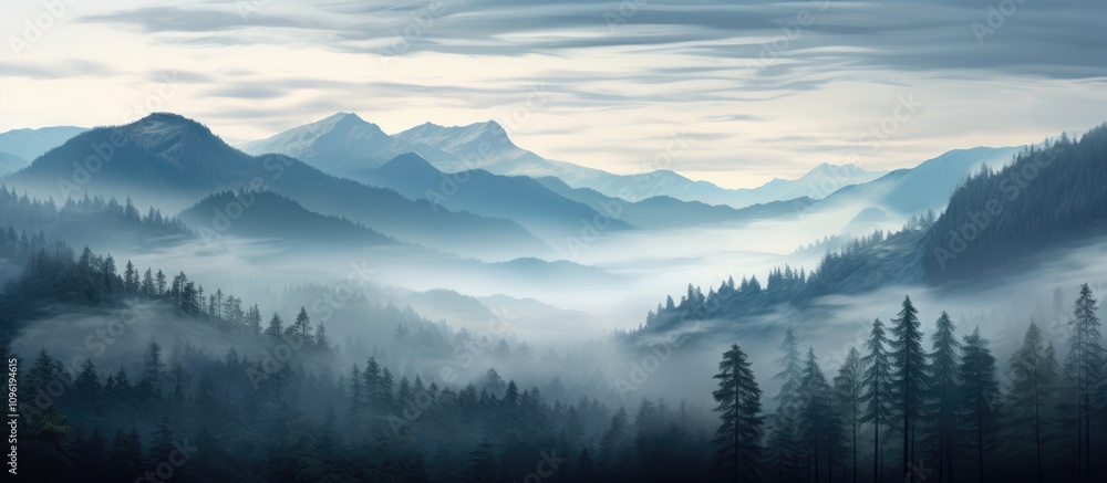 Fototapeta premium Majestic misty mountain landscape with pine trees and fog weaving through the valleys under an overcast sky.
