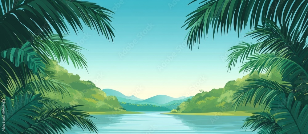 Tropical landscape with palm leaves framing a serene river and lush mountains under a clear blue sky Tropical landscape with palm leaves framing a serene river and lush mountains under a clear blue sky