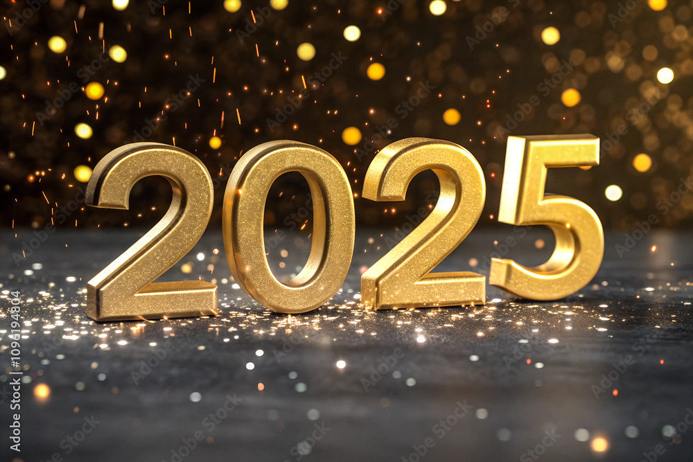 Golden 3D Numerals 2025 on a Sparkling Background with Shimmering Confetti for Festive and Elegant Celebrations Golden 3D Numerals 2025 on a Sparkling Background with Shimmering Confetti for Festive and Elegant Celebrations