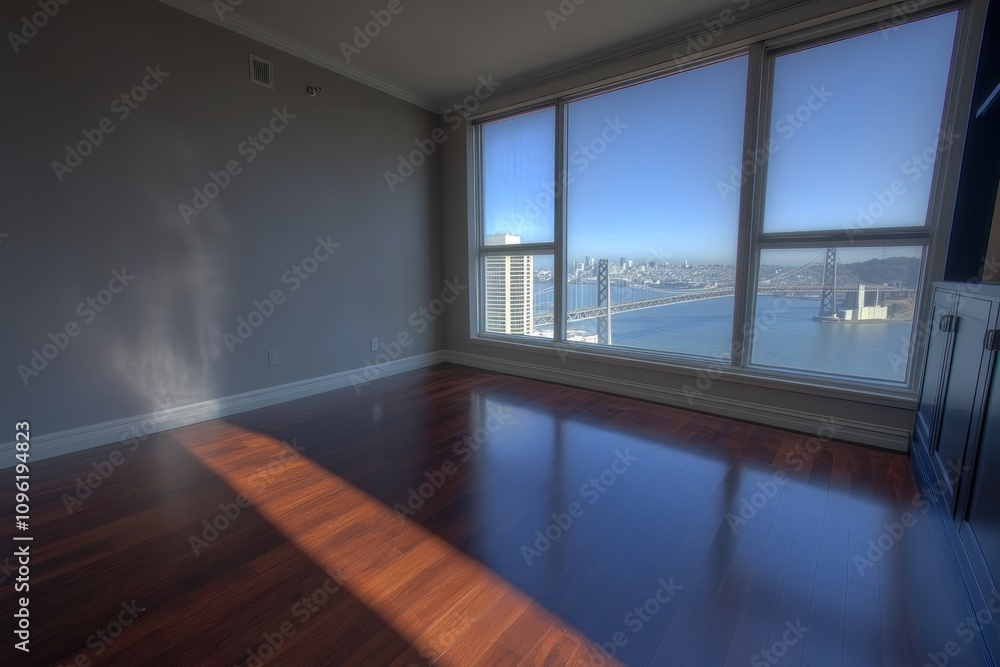 Empty room with large windows showcasing a city view over water. Empty room with large windows showcasing a city view over water.