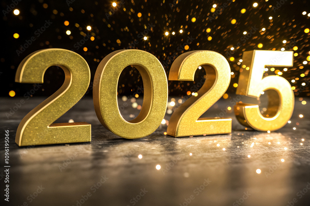 Golden 3D Numerals 2025 on a Sparkling Background with Shimmering Confetti for Festive and Elegant Celebrations Golden 3D Numerals 2025 on a Sparkling Background with Shimmering Confetti for Festive and Elegant Celebrations