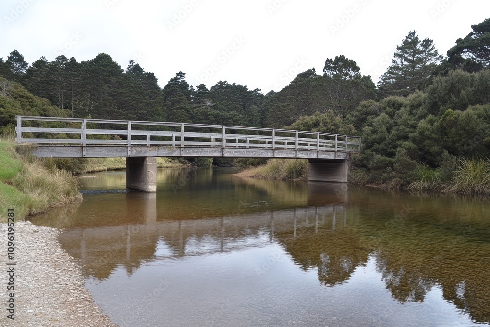 A serene bridge spans a calm river, reflecting the surrounding greenery and cloudy sky. A serene bridge spans a calm river, reflecting the surrounding greenery and cloudy sky.