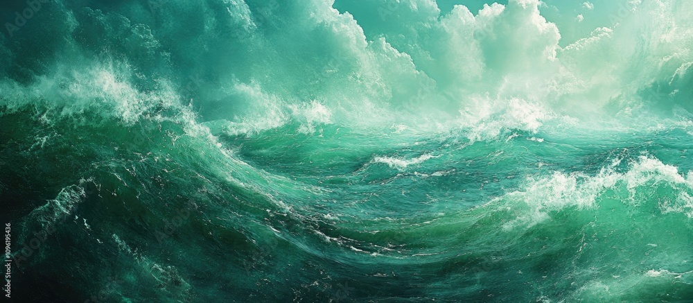 Fototapeta premium Majestic emerald waves crashing under a dramatic sky showcasing the beauty of the ocean's power and tranquility.