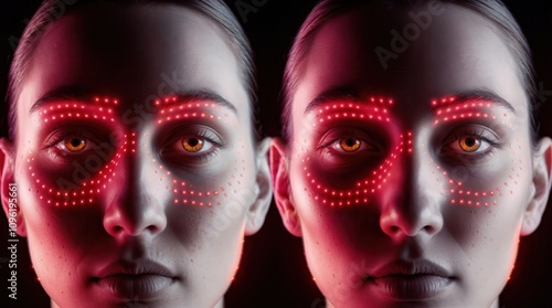 Fashion art portrait of young beautiful woman with red lights on her face.