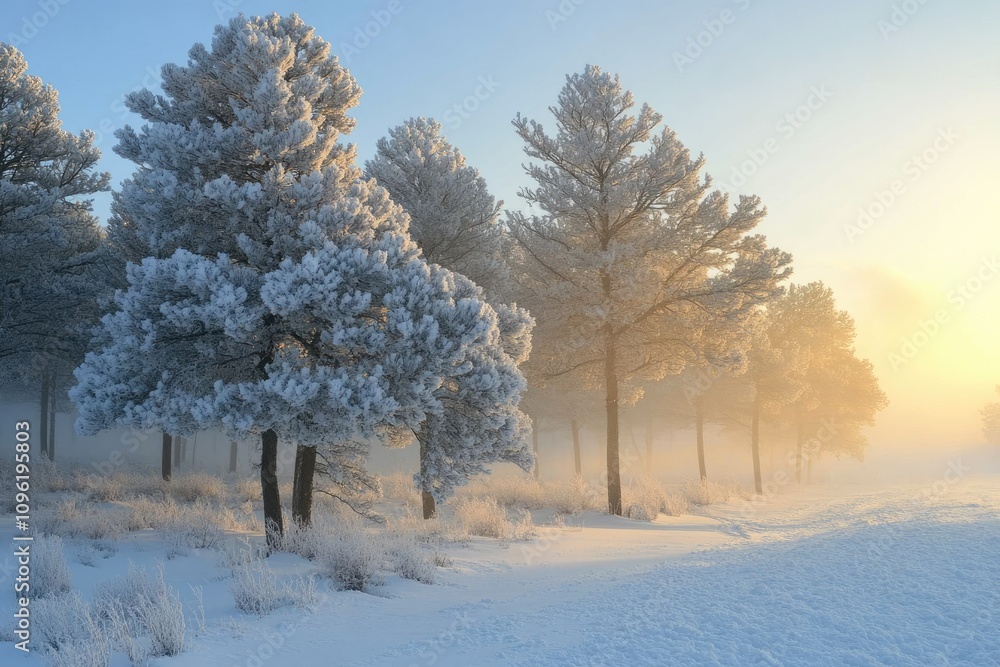 Fototapeta premium Snow covered trees in winter forest at golden hour sunrise