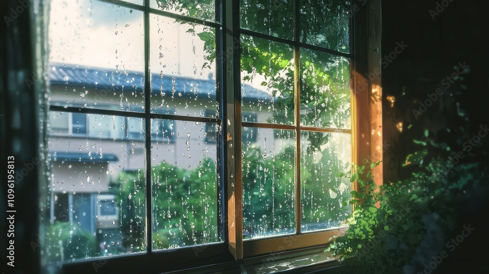 Fototapeta premium Rainy day window with wet drops clinging and streaming down, realistic reflections