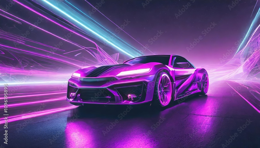 Futuristic Night Drive in Synth-Wave Style: A Neon Purple Car Illuminates the Road with Vibrant Retro Colors, Capturing the Essence of Cyberpunk Aesthetic and s Sci-Fi Vibes Futuristic Night Drive in Synth-Wave Style: A Neon Purple Car Illuminates the Road with Vibrant Retro Colors, Capturing the Essence of Cyberpunk Aesthetic and s Sci-Fi Vibes