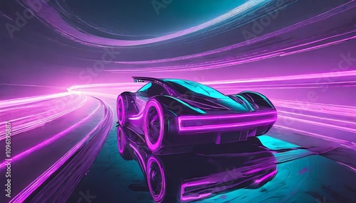 Experience the allure of a futuristic night drive with a synth-wave car glowing in vibrant purple neon colors, capturing retro-futuristic vibes and nostalgic s aesthetics for an photo