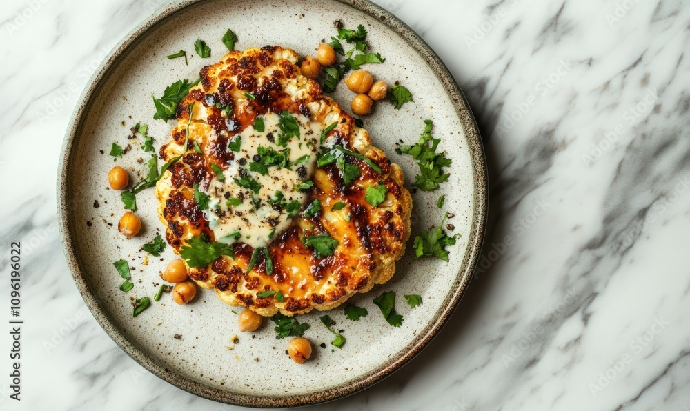 A beautifully plated roasted cauliflower dish garnished with herbs and chickpeas. A beautifully plated roasted cauliflower dish garnished with herbs and chickpeas.
