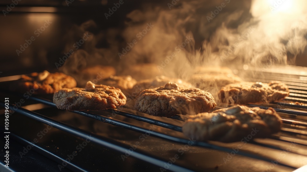 Delicious homemade cookies baking in the oven, releasing warm steam and golden edges, surrounded by a cozy and inviting atmosphere. Delicious homemade cookies baking in the oven, releasing warm steam and golden edges, surrounded by a cozy and inviting atmosphere.