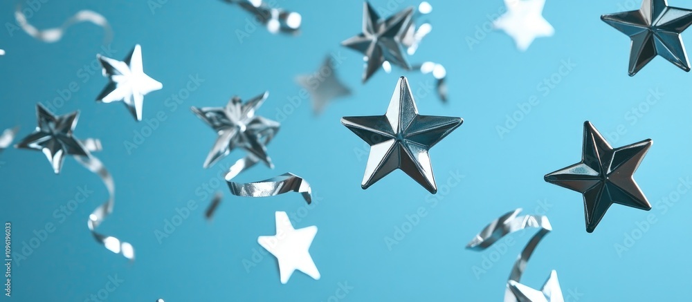 Shimmering silver stars in varying sizes cascading against a vibrant blue backdrop creating a festive and celebratory atmosphere. Shimmering silver stars in varying sizes cascading against a vibrant blue backdrop creating a festive and celebratory atmosphere.