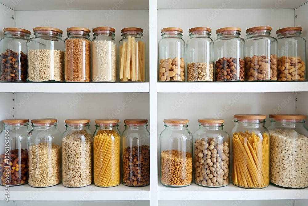 Glass jars filled with grains, pasta, and snacks arranged on white pantry shelves, showcasing an organized kitchen. Concept: home, minimalism. Glass jars filled with grains, pasta, and snacks arranged on white pantry shelves, showcasing an organized kitchen. Concept: home, minimalism.