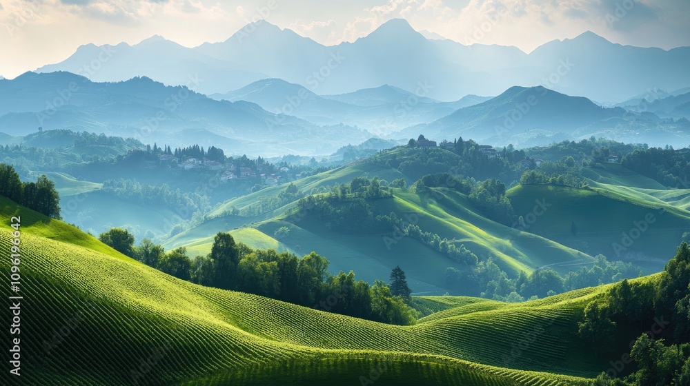 Lush green vineyards stretch across rolling hills with majestic mountains in the background, creating a breathtaking panoramic landscape. Lush green vineyards stretch across rolling hills with majestic mountains in the background, creating a breathtaking panoramic landscape.