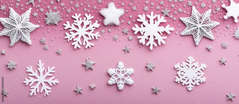 Festive Christmas card design showcasing white snowflakes and stars on a light to dark pink background with decorative elements Festive Christmas card design showcasing white snowflakes and stars on a light to dark pink background with decorative elements