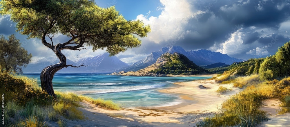 Scenic coastal landscape featuring a tranquil beach, lush trees, majestic mountains, and a vibrant ocean under a dramatic sky
