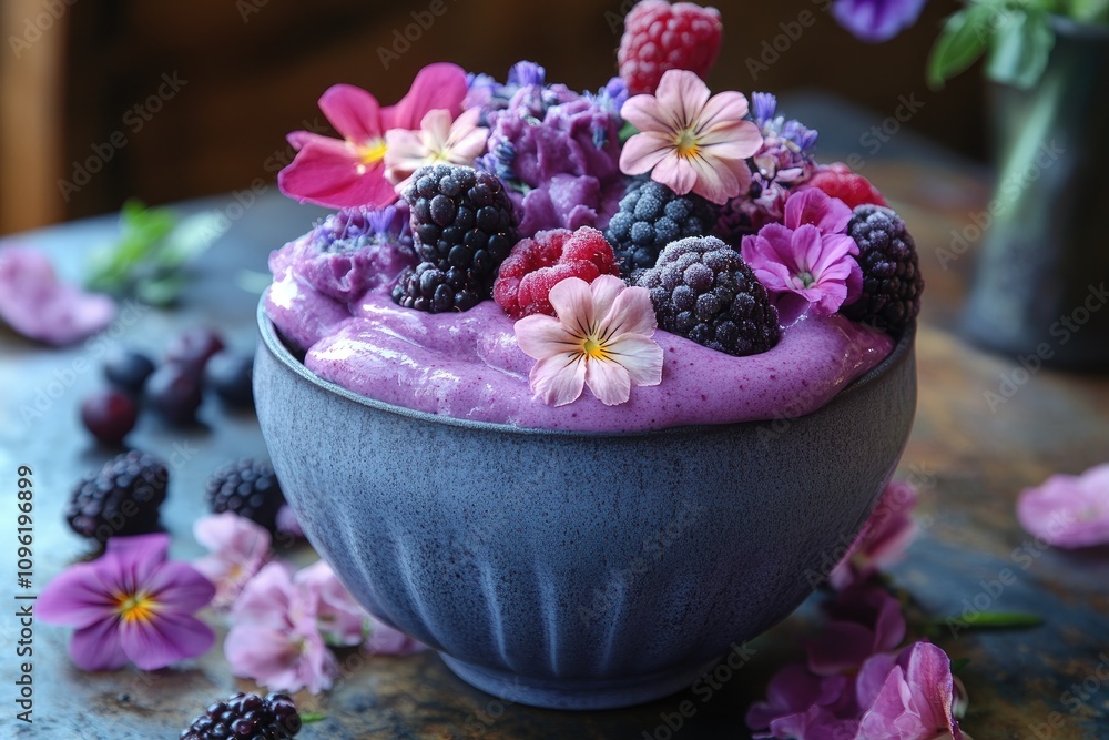 Purple smoothie bowl garnished with fresh flowers and frozen blackberries Purple smoothie bowl garnished with fresh flowers and frozen blackberries