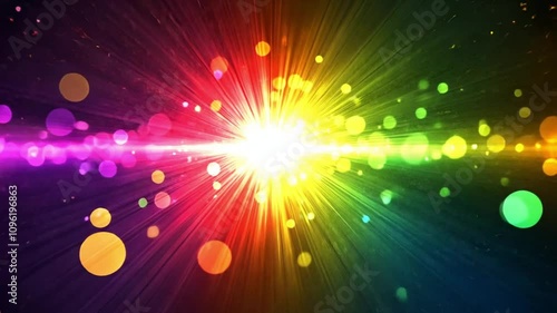 Abstract burst of rainbow-colored light rays and glowing particles on a black background.