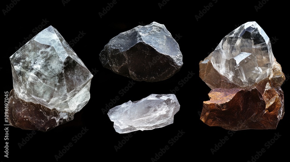Collection of six unique quartz crystal rocks on a black background highlighting vibrant semi-precious stones and intricate gemstone characteristics Collection of six unique quartz crystal rocks on a black background highlighting vibrant semi-precious stones and intricate gemstone characteristics