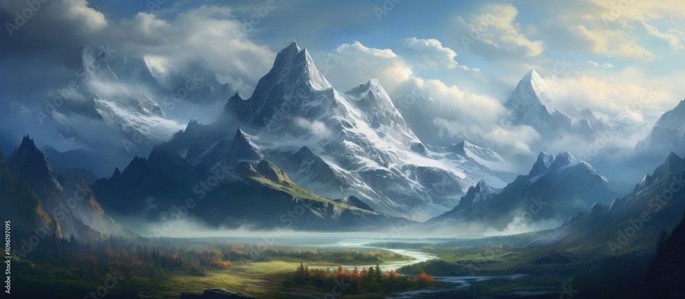 Majestic mountain landscape with snow-capped peaks and serene river flowing through lush green valley under a dramatic sky. Majestic mountain landscape with snow-capped peaks and serene river flowing through lush green valley under a dramatic sky.