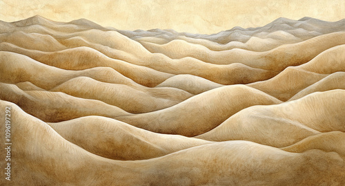 Undulating desert landscape with gentle golden hues under a soft sky