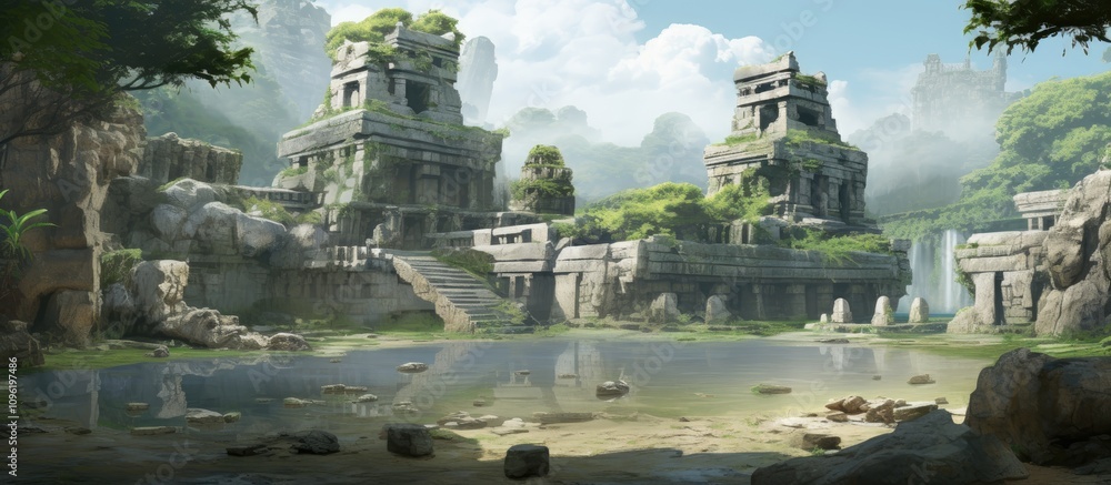 Obraz premium Ancient temple ruins by a serene river reflect a lost civilization's intricate history and artistry surrounded by lush greenery.