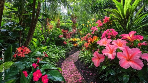 Fototapeta Naklejka Na Ścianę i Meble -  Lush tropical garden path lined with vibrant pink flowers amidst dense greenery and palm trees, creating a serene and colorful atmosphere.