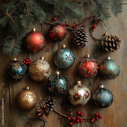 Handmade Christmas ornaments on a rustic wooden table, surrounded by pinecones and berries photo