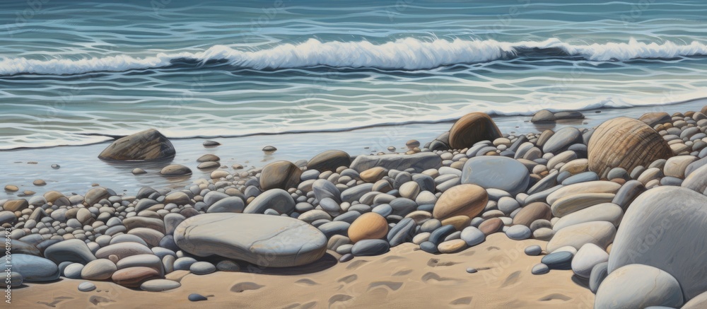 Serene beachscape with smooth pebbles and gentle waves creating a tranquil coastal atmosphere Serene beachscape with smooth pebbles and gentle waves creating a tranquil coastal atmosphere