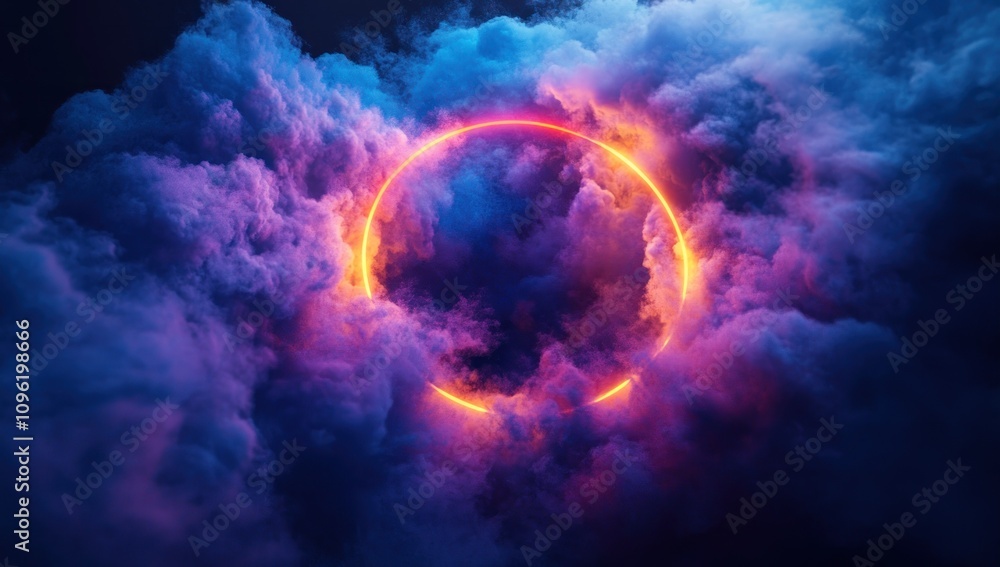 A vibrant cosmic scene featuring swirling clouds and a glowing circular formation. A vibrant cosmic scene featuring swirling clouds and a glowing circular formation.