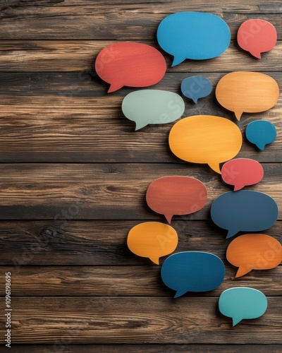 Colorful speech bubbles arranged on a wooden background, symbolizing communication, conversation, and dialogue.