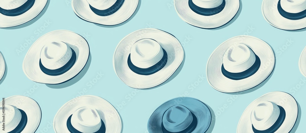 Seamless pattern design featuring stylish hats against a light blue background ideal for wallpapers, greeting cards, and decorative templates. Seamless pattern design featuring stylish hats against a light blue background ideal for wallpapers, greeting cards, and decorative templates.