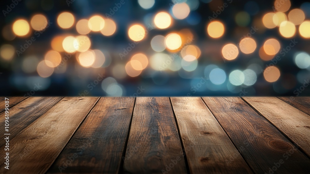 Wooden plank tabletop foreground with blurred ocean view and bokeh lighting background ideal for summer-themed product display or social media banners. Wooden plank tabletop foreground with blurred ocean view and bokeh lighting background ideal for summer-themed product display or social media banners.