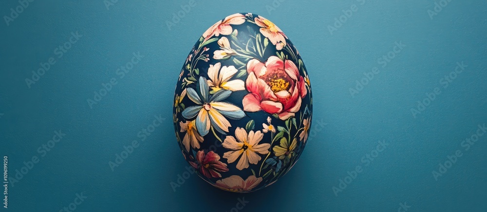 Floral Easter egg art piece on a vibrant blue background showcasing intricate botanical patterns and colors. Floral Easter egg art piece on a vibrant blue background showcasing intricate botanical patterns and colors.