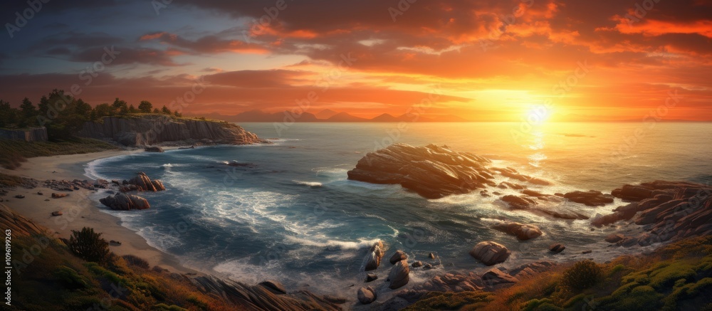 Coastal sunset panorama with dramatic sky and waves crashing on rocky shoreline creating a serene and picturesque landscape scene Coastal sunset panorama with dramatic sky and waves crashing on rocky shoreline creating a serene and picturesque landscape scene