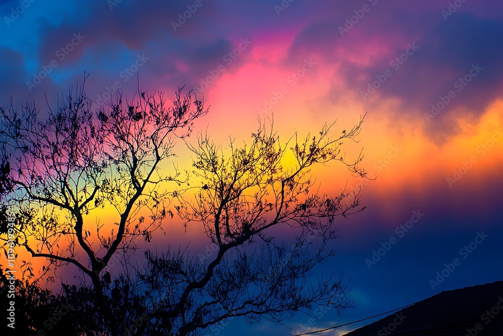 Bare Tree Silhouette Against Vibrant Sunset Sky Bare Tree Silhouette Against Vibrant Sunset Sky