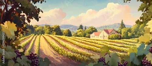 Vibrant countryside vineyard landscape with rolling hills and classic farmhouse under a bright sky in serene rural setting. photo