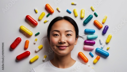 Person smiling amidst a colorful arrangement of pills and capsules in a creative display. photo