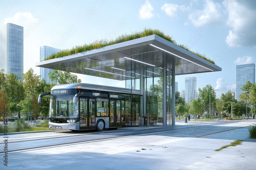 Obraz premium Modern electric bus charging at green roof bus stop in smart city
