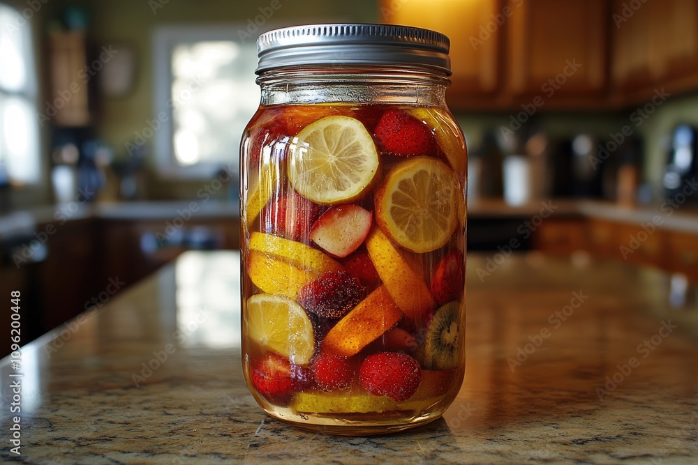 Infused water with sliced lemon, strawberry and kiwi in a jar Infused water with sliced lemon, strawberry and kiwi in a jar