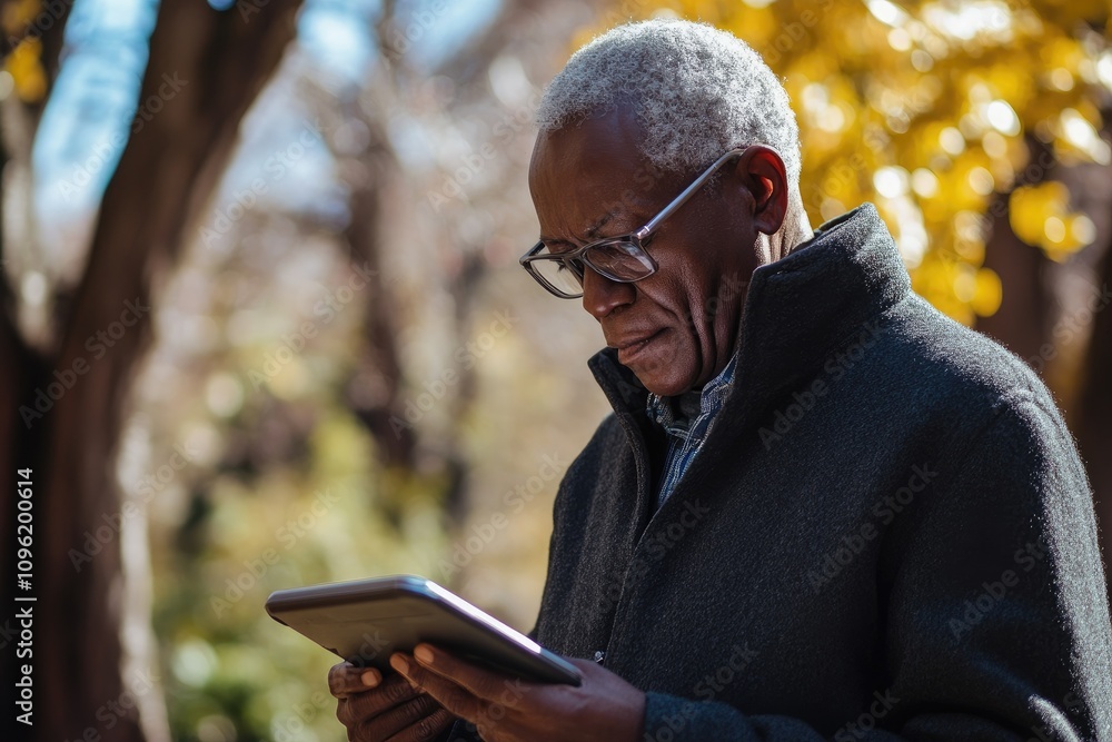 Senior black man using digital tablet in autumn park Senior black man using digital tablet in autumn park