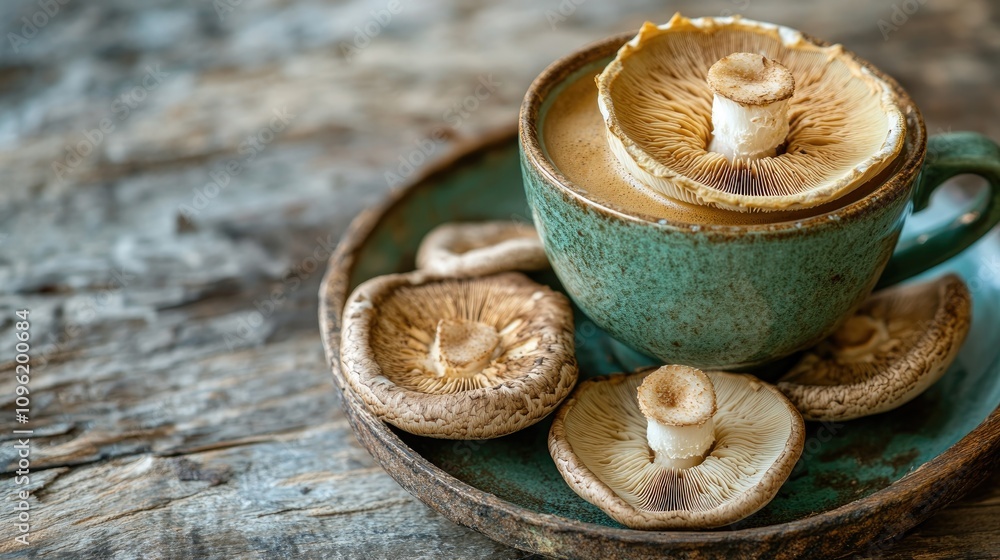 Mushroom coffee in a green cup surrounded by fresh mushrooms on a rustic wooden surface, highlighting healthy eating with ample space for text. Mushroom coffee in a green cup surrounded by fresh mushrooms on a rustic wooden surface, highlighting healthy eating with ample space for text.