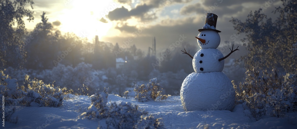 Obraz premium Snowman in a serene winter landscape with soft sunlight illuminating a snowy backdrop and frosty trees creating a magical atmosphere