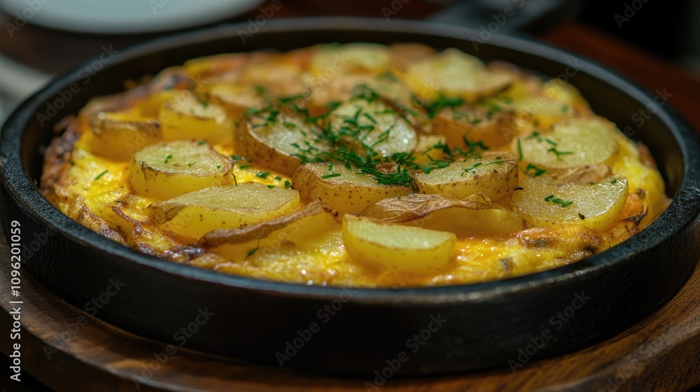 Rustic Spanish omelette showcasing golden potatoes and onions, beautifully garnished and served in a dark dish against a contrasting background. Rustic Spanish omelette showcasing golden potatoes and onions, beautifully garnished and served in a dark dish against a contrasting background.