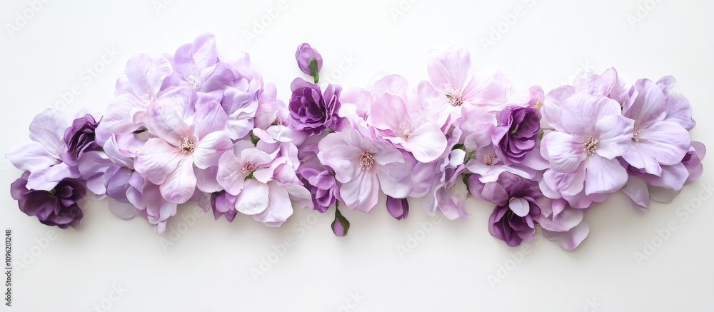 Purple lilac flowers elegantly arranged on a white backdrop creating a serene template perfect for postcards and floral designs. Purple lilac flowers elegantly arranged on a white backdrop creating a serene template perfect for postcards and floral designs.